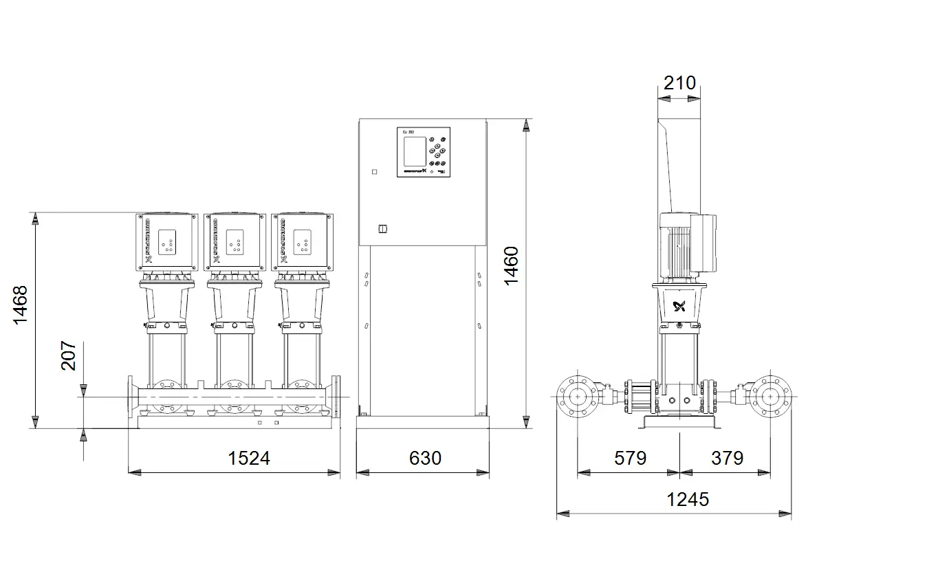 Druckerhöhungsanlage von Grundfos mit drei Pumpen in vertikaler Anordnung. Steuerungseinheit rechts, Abmessungen und Anschlüsse deutlich sichtbar.